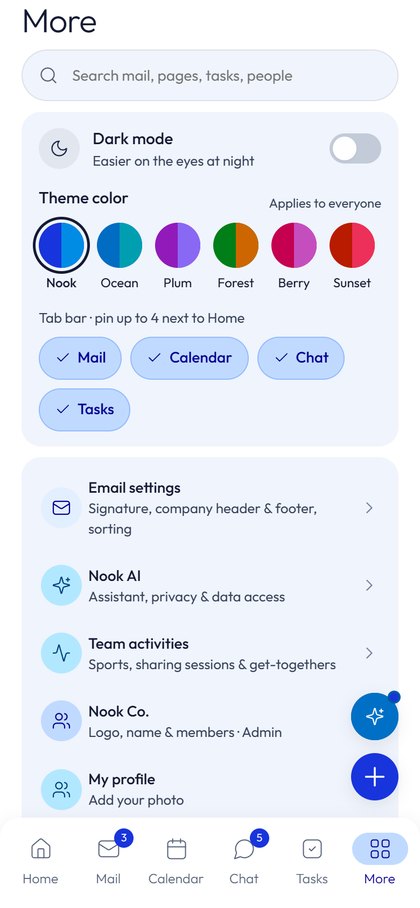 More menu with theme colours and settings